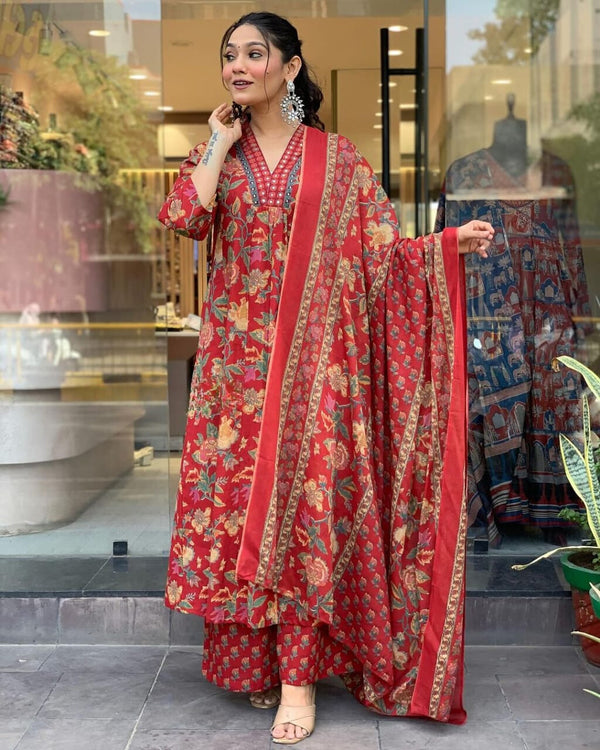 Red Elegant Printed Cotton Suit Set With Dupatta main image 0