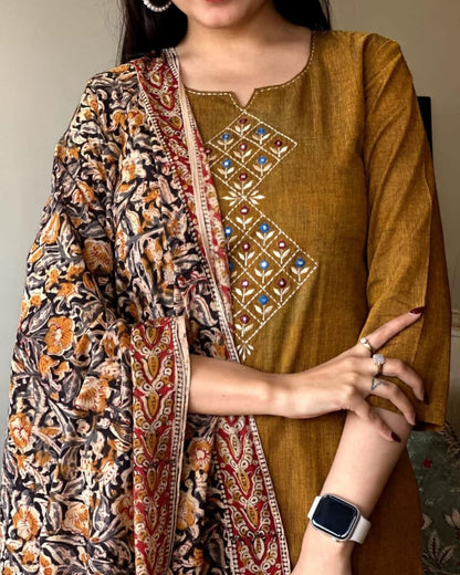 Ruddy Brown Embroidered Handloom Cotton Suit Set with Dupatta