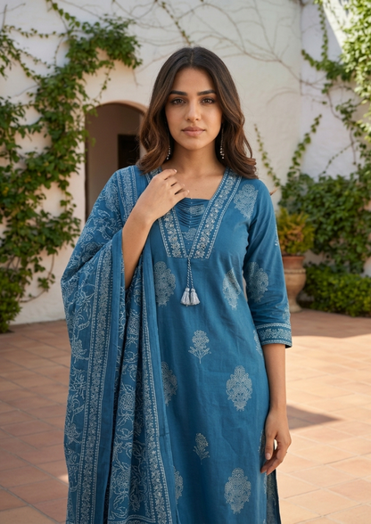 Dusk Blue Cotton Kurta And Pant Set With Mulmul Dupatta