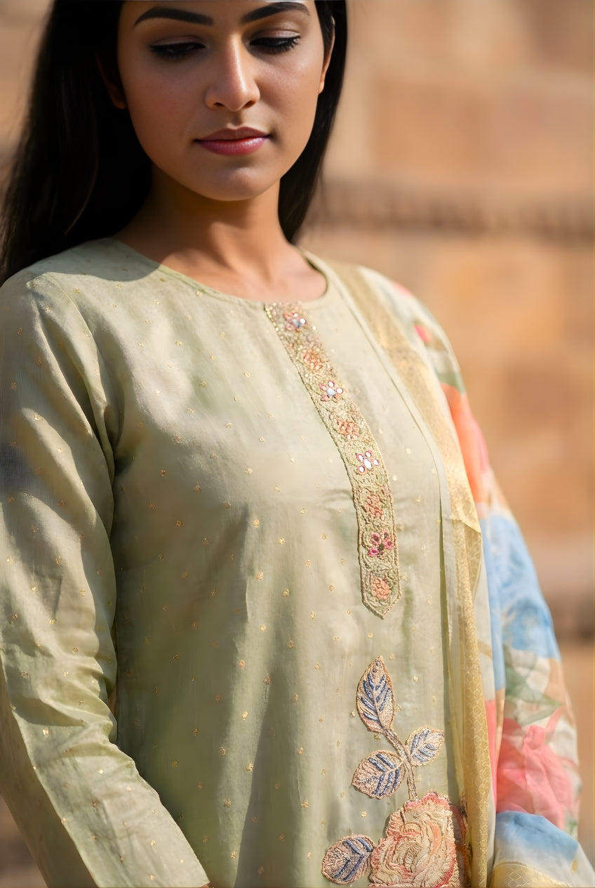 Green Smoke Embroidered Poly Jaquard Suit Set with Dupatta