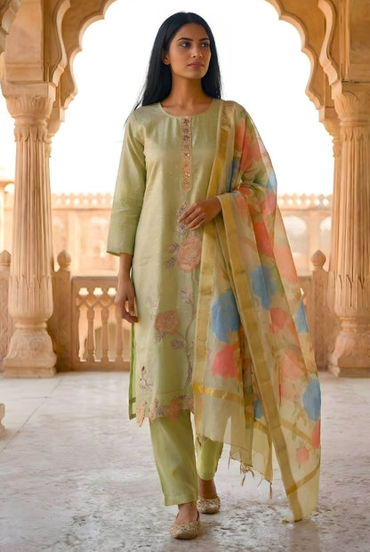 Green Smoke Embroidered Poly Jaquard Suit Set with Dupatta