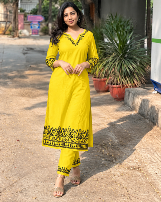Yellow Embroidered Cotton Kurta and Pant Set