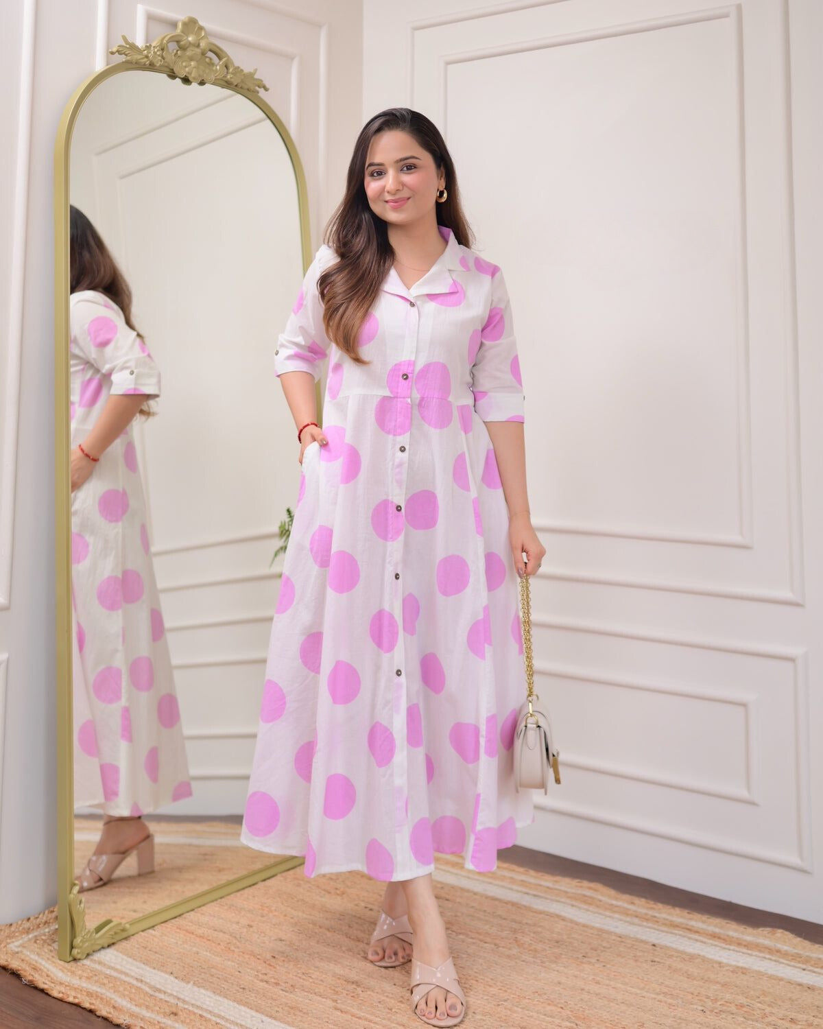 White Pink Polka Dot Printed Rayon Anarkali Gown