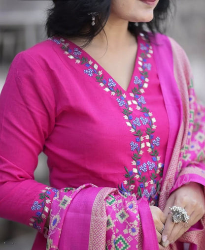 Pink Embroidered Cotton Kurta and Pant Set with Dupatta