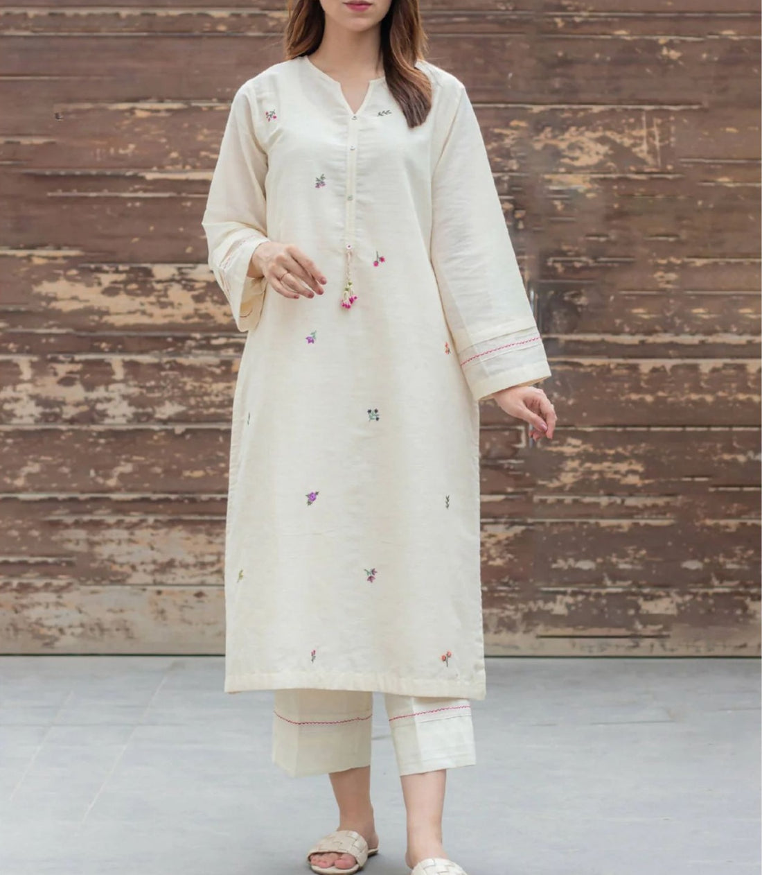 Off White Embroidered Cotton Kurta and Pant Set