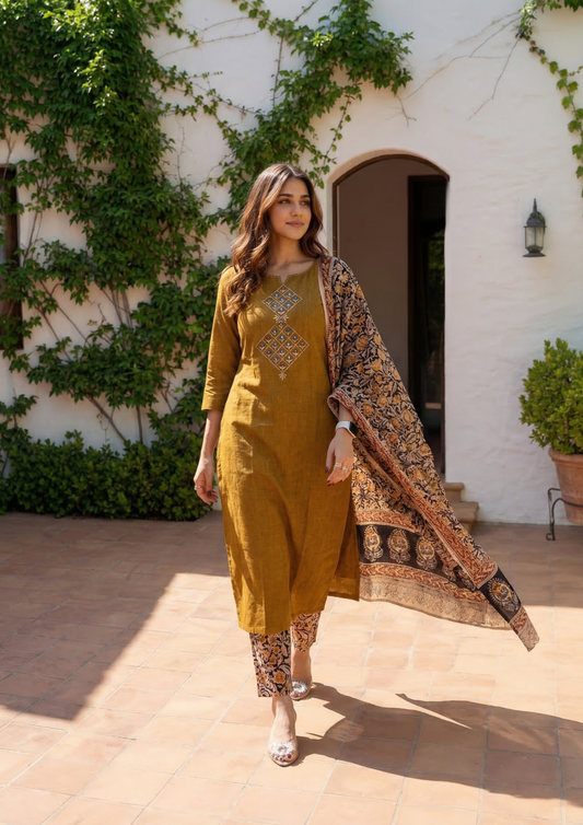 Ruddy Brown Embroidered Handloom Cotton Suit Set with Dupatta