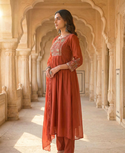 Dusty Red Embroidered Pure Mul Chanderi Suit Set