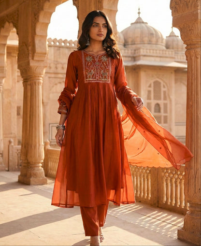 Dusty Red Embroidered Pure Mul Chanderi Suit Set