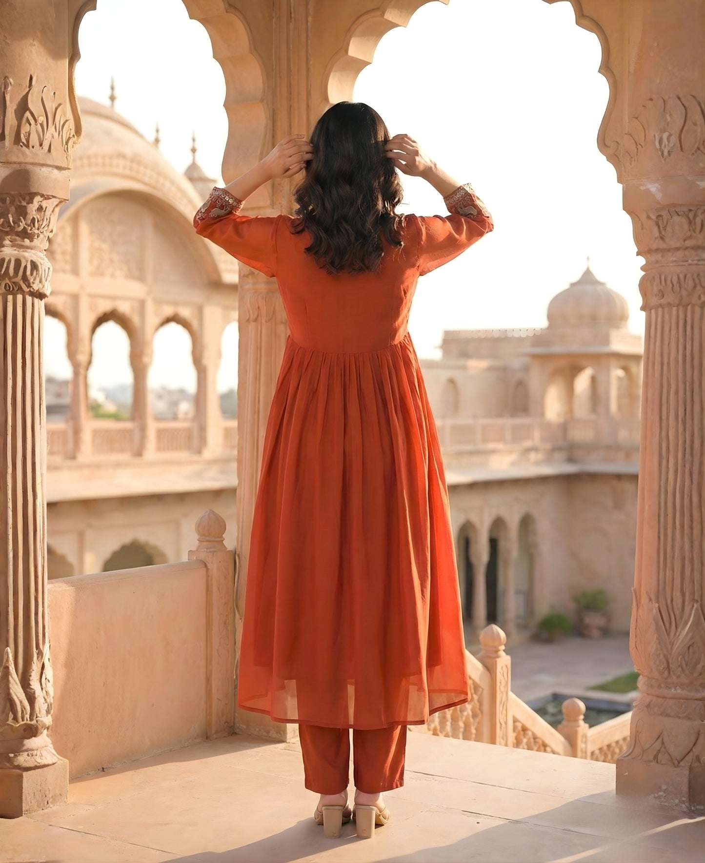 Dusty Red Embroidered Pure Mul Chanderi Suit Set