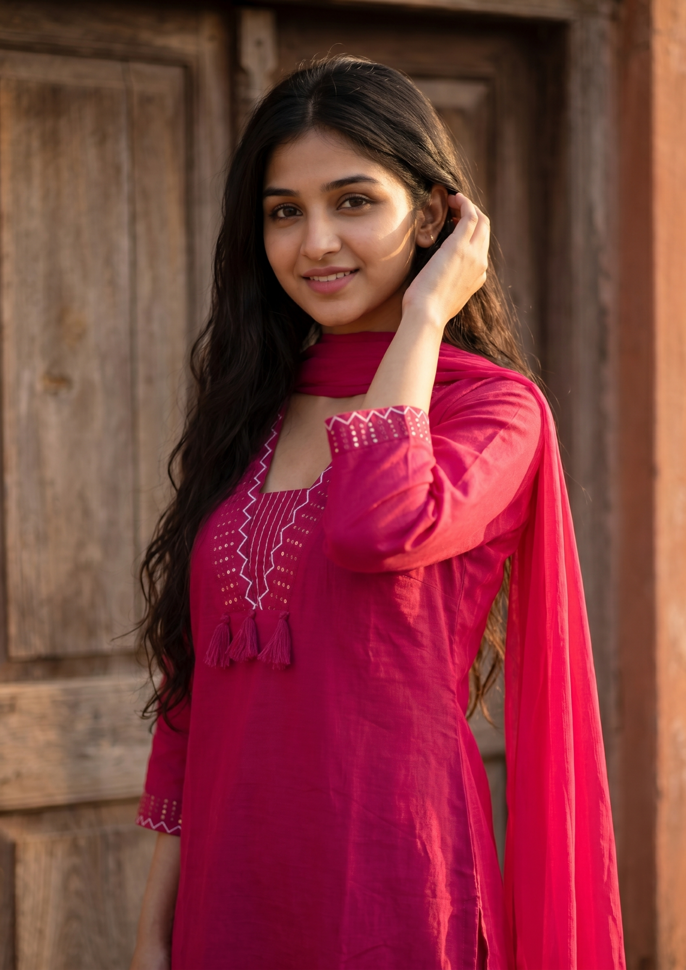Pink Embroidered Cotton Kurta and Pant Set with Dupatta