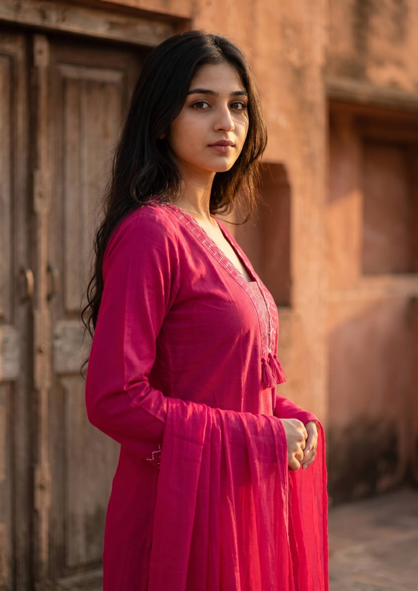 Pink Embroidered Cotton Kurta and Pant Set with Dupatta