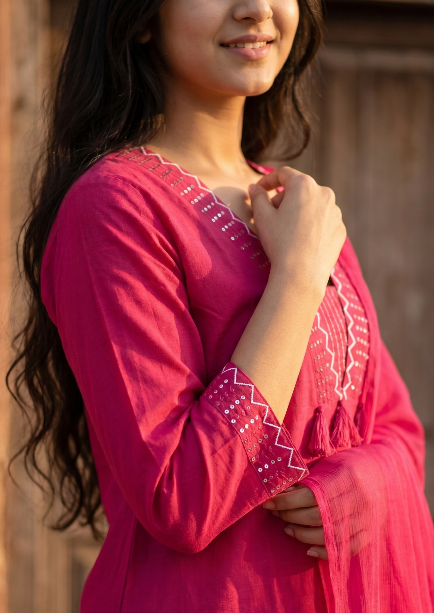Pink Embroidered Cotton Kurta and Pant Set with Dupatta