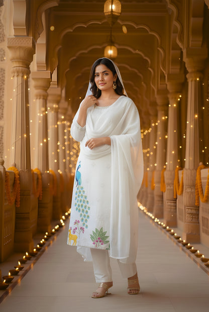 White Heavy Embroidered Glass Silk Suit Set with Dupatta