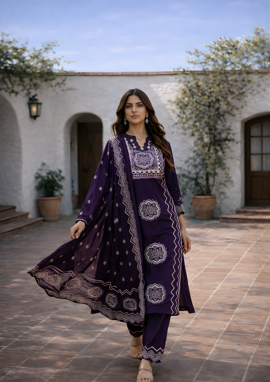 Abstract Purple Printed Cotton Kurta and Pant Set with Dupatta