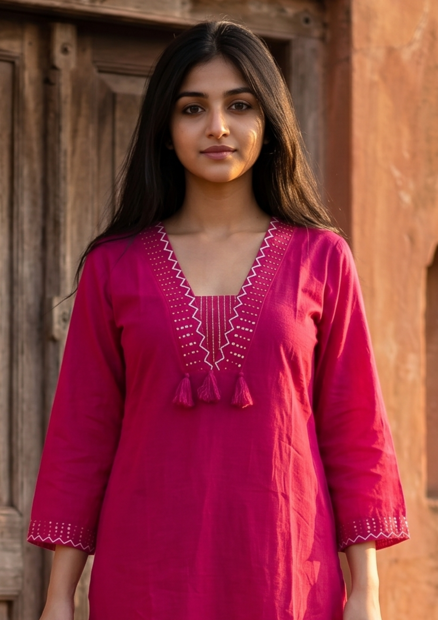 Pink Embroidered Cotton Kurta and Pant Set with Dupatta
