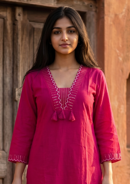Pink Embroidered Cotton Kurta and Pant Set with Dupatta
