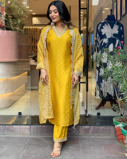 Yellow Embroidered Chinon Suit Set with Lehariya Dupatta