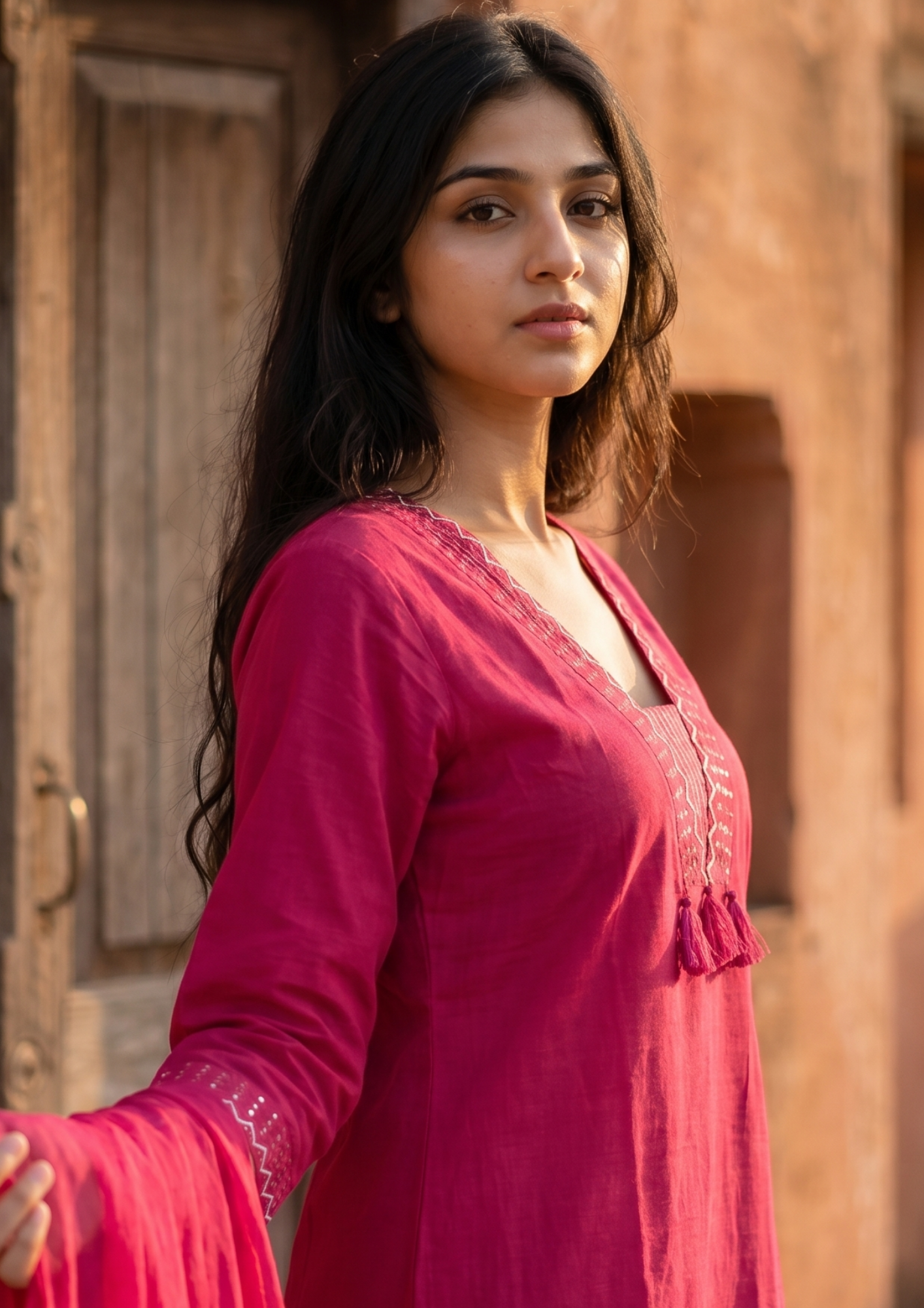 Pink Embroidered Cotton Kurta and Pant Set with Dupatta