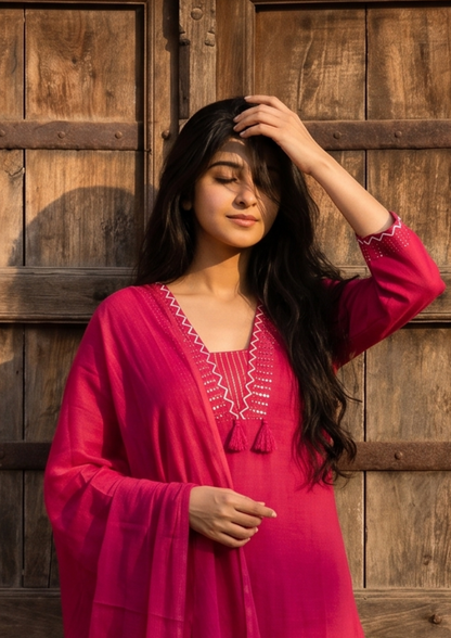 Pink Embroidered Cotton Kurta and Pant Set with Dupatta