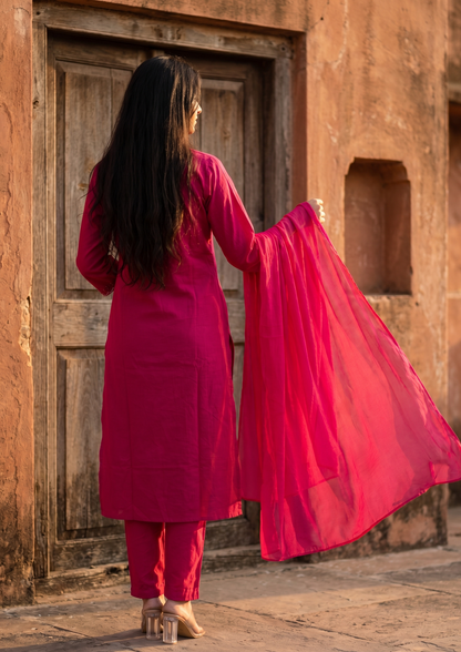 Pink Embroidered Cotton Kurta and Pant Set with Dupatta