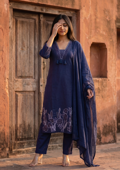 Navy Blue Embroidered Cotton Kurta and Pant Set with Dupatta