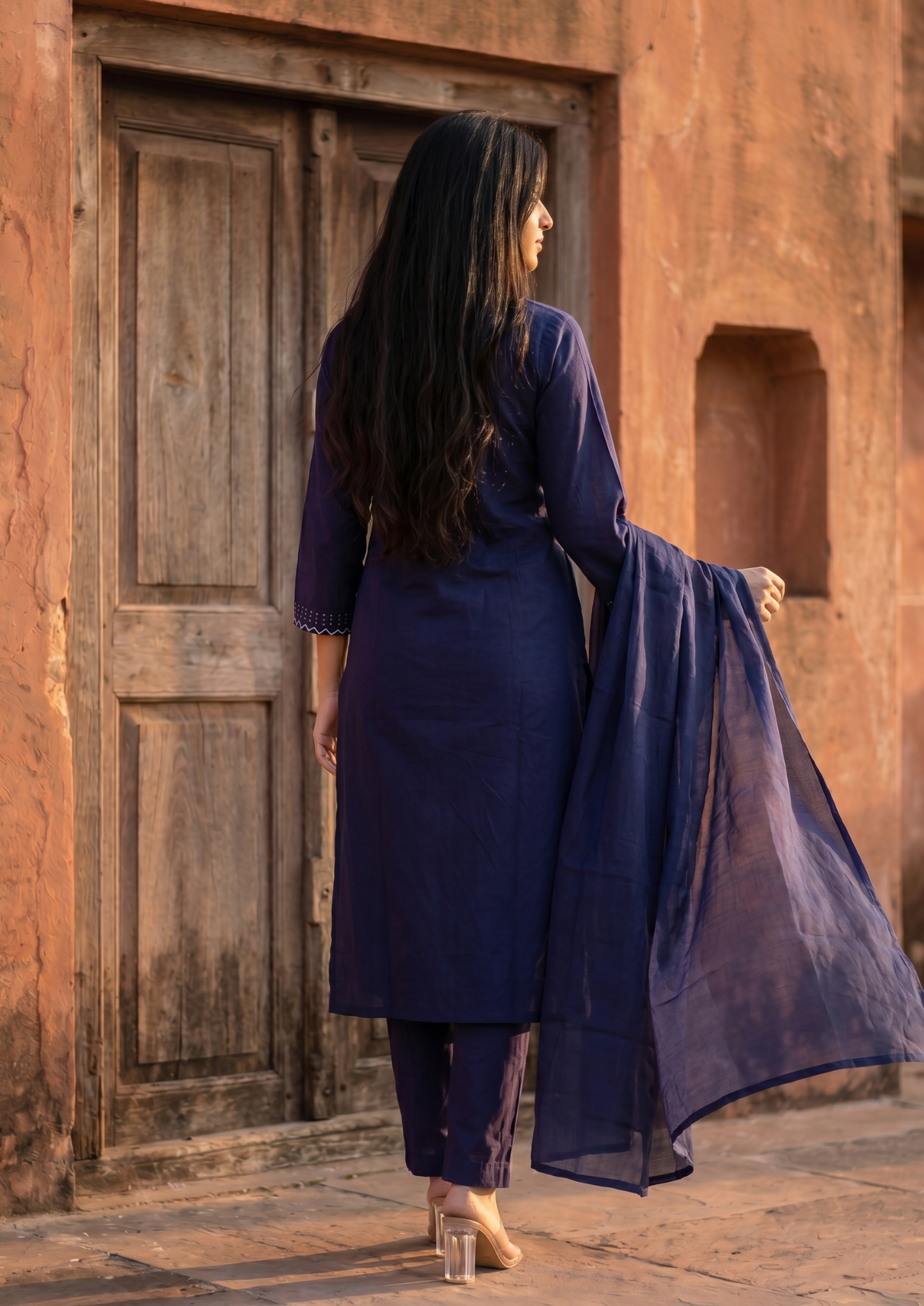 Navy Blue Embroidered Cotton Kurta and Pant Set with Dupatta
