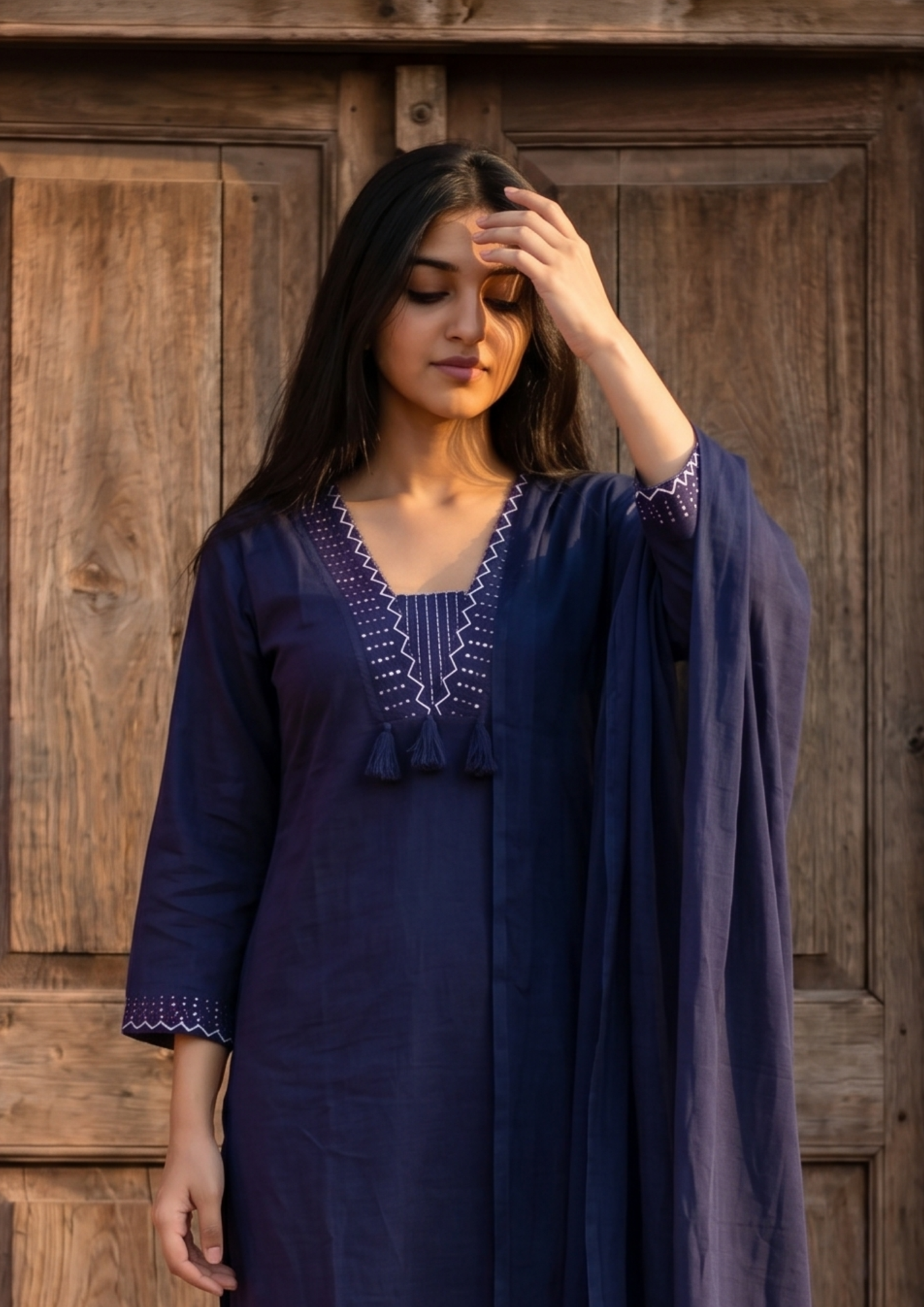 Navy Blue Embroidered Cotton Kurta and Pant Set with Dupatta
