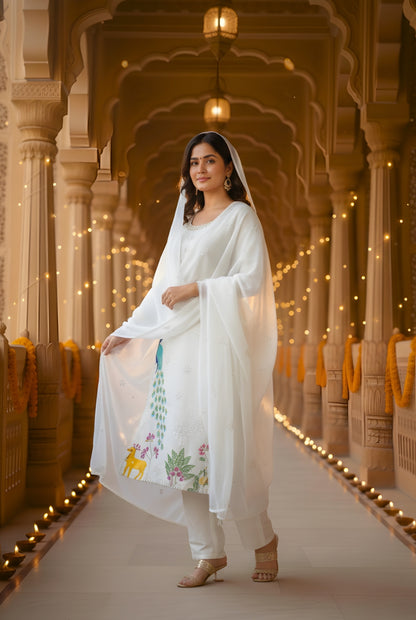 White Heavy Embroidered Glass Silk Suit Set with Dupatta