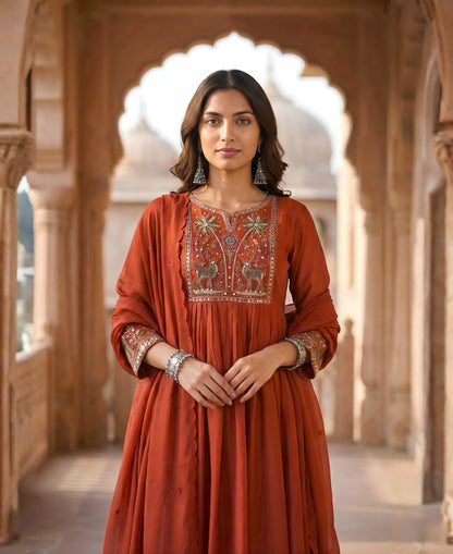 Dusty Red Embroidered Pure Mul Chanderi Suit Set