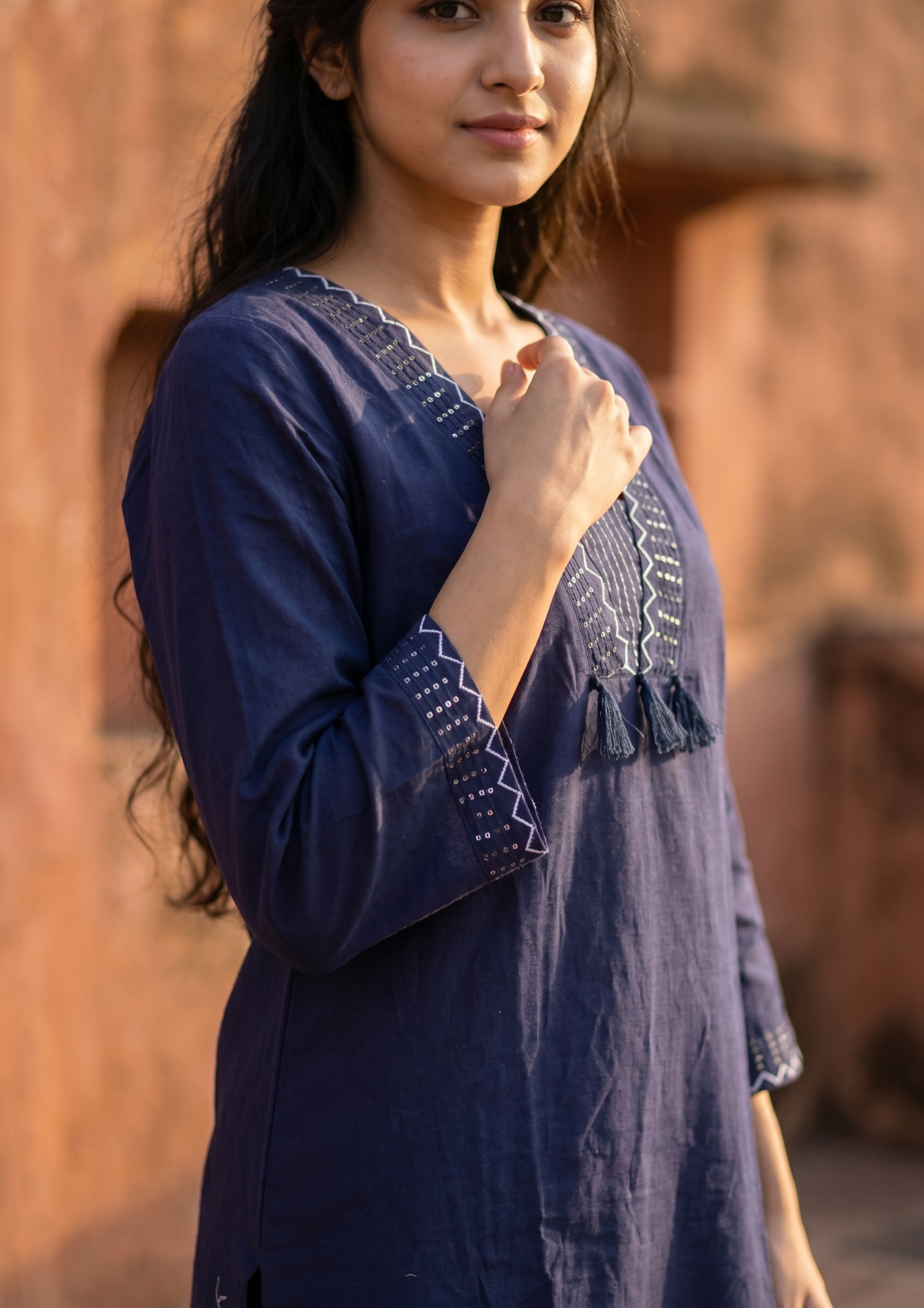 Navy Blue Embroidered Cotton Kurta and Pant Set with Dupatta