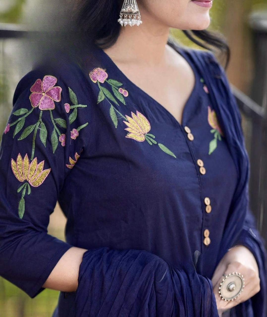 Navy Blue Embroidered Cotton Kurta and Pant Set with Dupatta