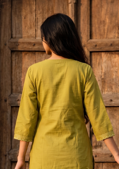 Green Embroidered Cotton Kurta and Pant Set with Dupatta