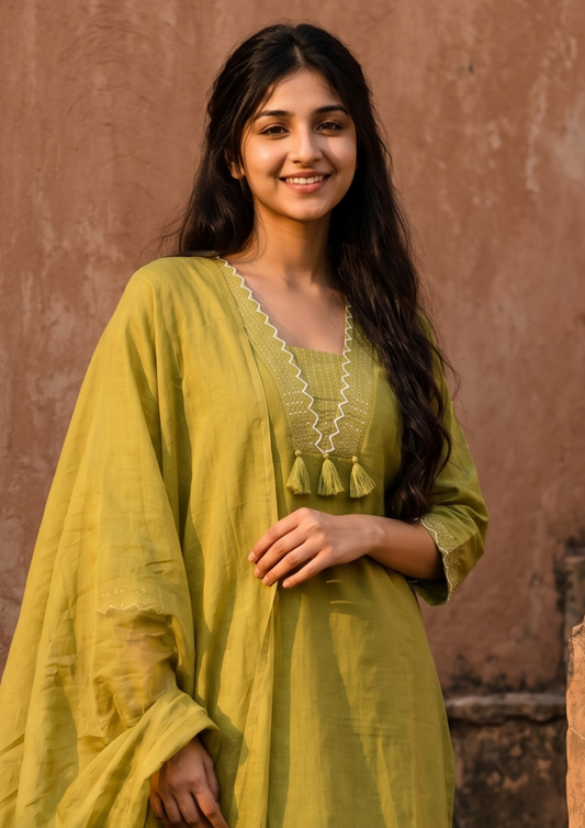 Green Embroidered Cotton Kurta and Pant Set with Dupatta