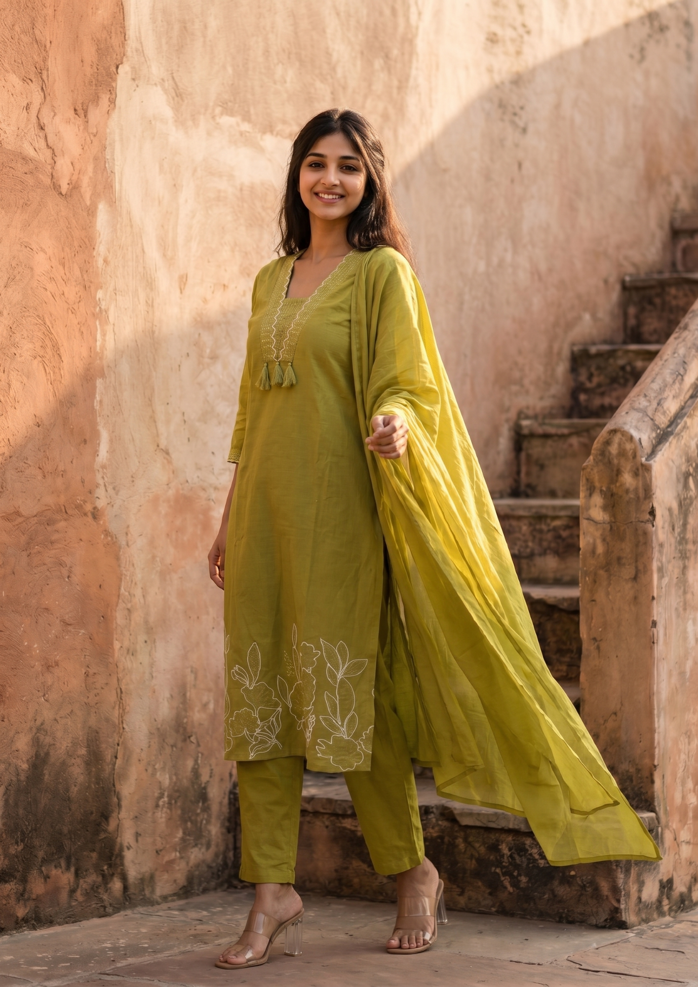 Green Embroidered Cotton Kurta and Pant Set with Dupatta