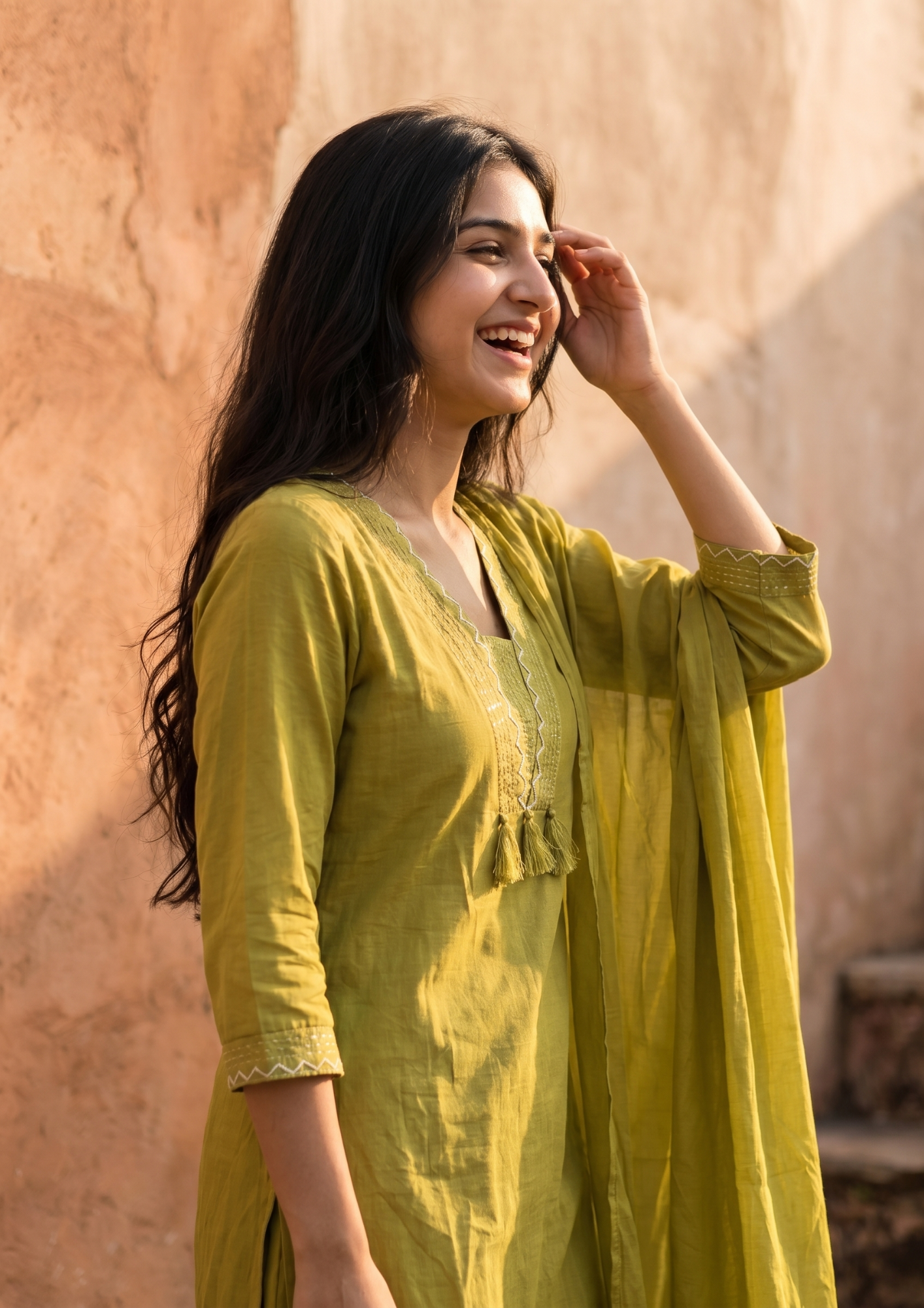 Green Embroidered Cotton Kurta and Pant Set with Dupatta