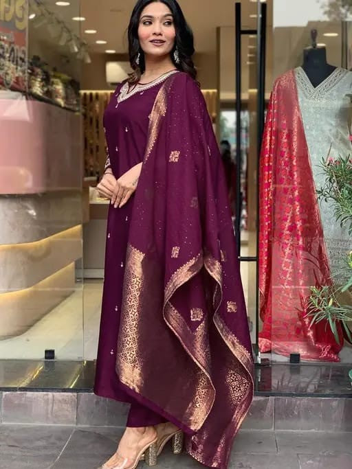 Wine Embroidered Silk Suit Set with Dupatta