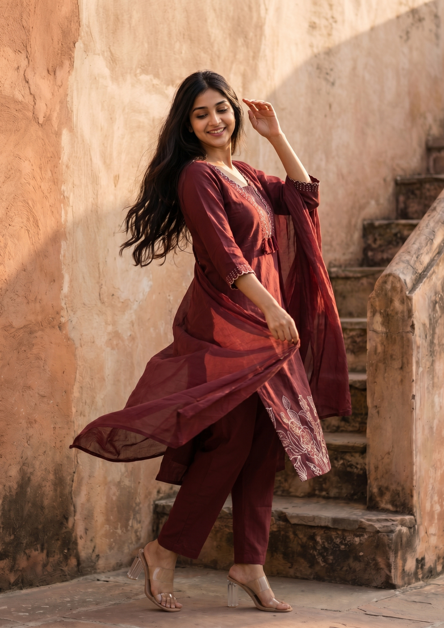 Maroon Embroidered Cotton Kurta and Pant Set with Dupatta