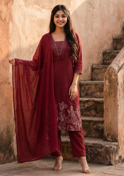 Maroon Embroidered Cotton Kurta and Pant Set with Dupatta