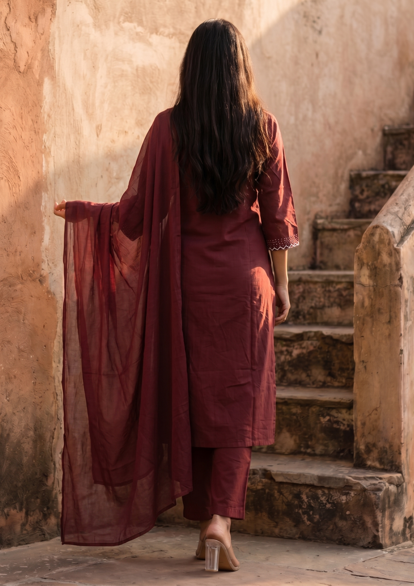 Maroon Embroidered Cotton Kurta and Pant Set with Dupatta
