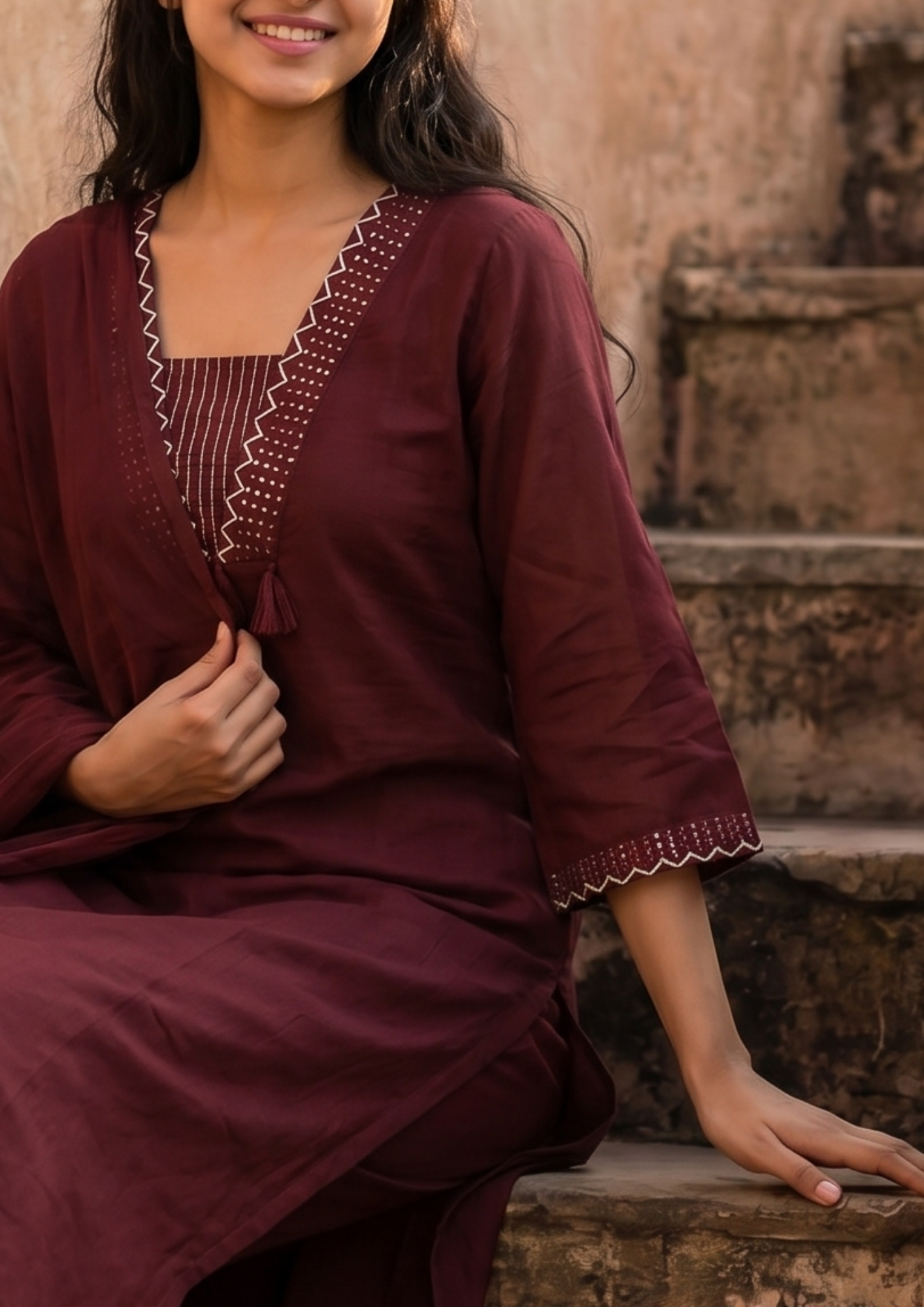 Maroon Embroidered Cotton Kurta and Pant Set with Dupatta