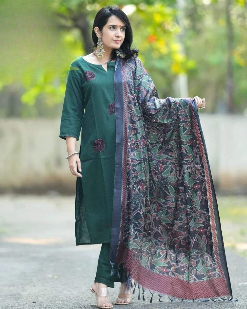 Sea Turtle Green Embroidered Cotton Flex Suit Set with Dupatta