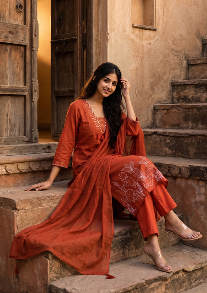 Orange Embroidered Cotton Kurta and Pant Set with Dupatta