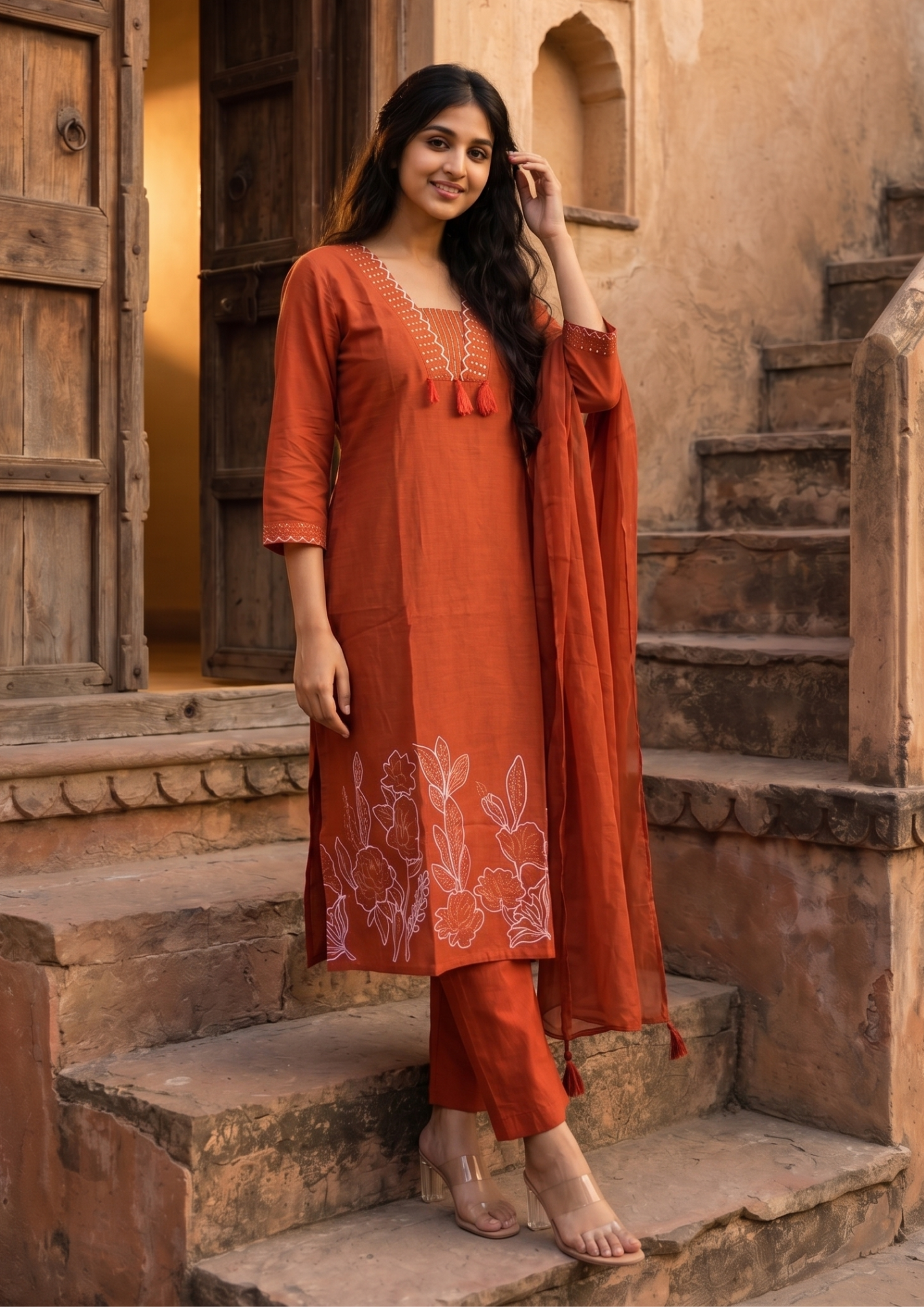 Orange Embroidered Cotton Kurta and Pant Set with Dupatta