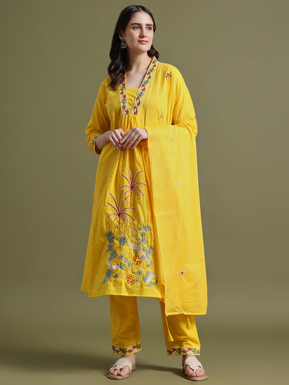 Yellow Embroidered Ram Boota Kurta and Pant Set with Dupatta
