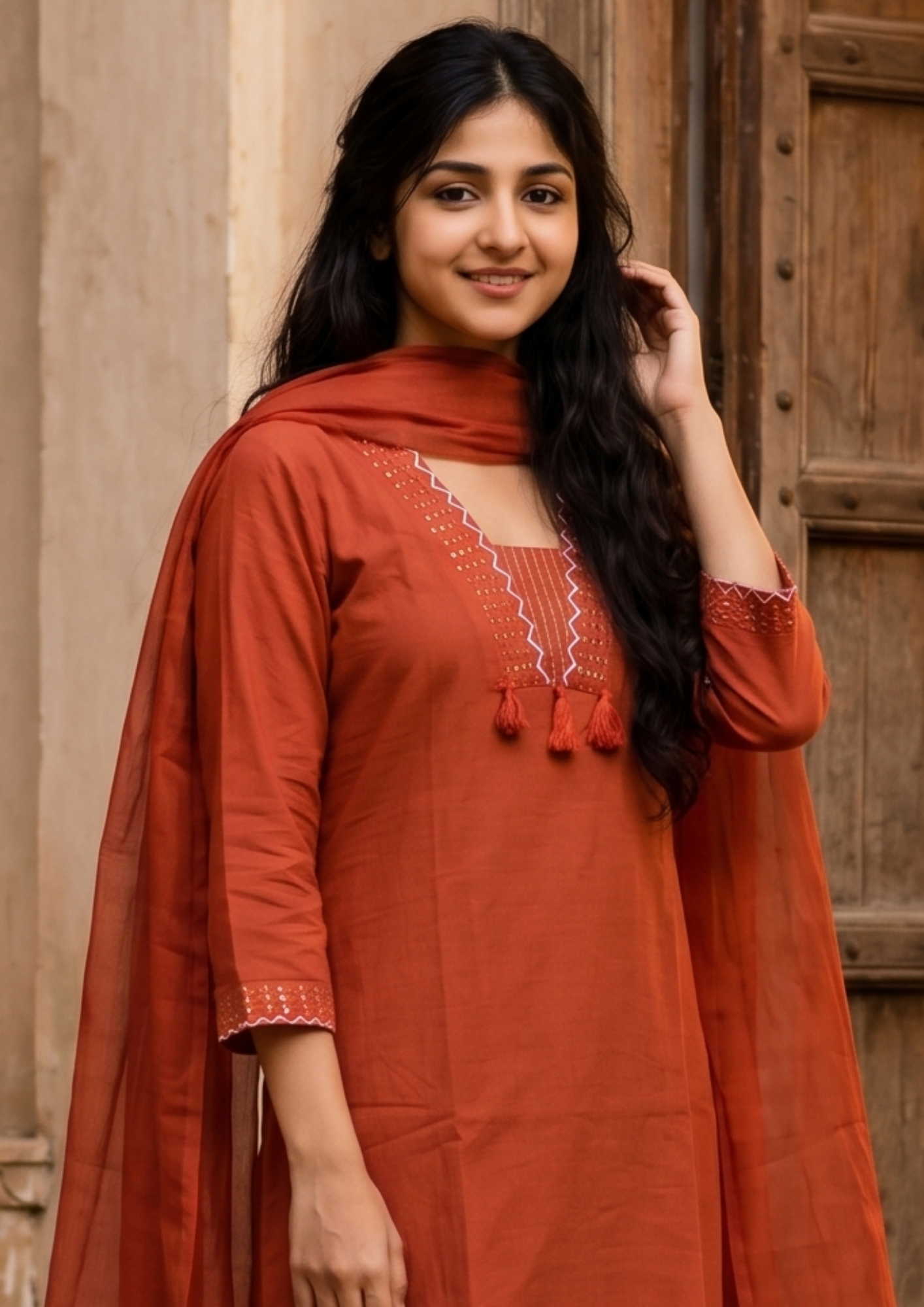 Orange Embroidered Cotton Kurta and Pant Set with Dupatta