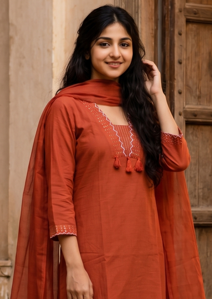 Orange Embroidered Cotton Kurta and Pant Set with Dupatta