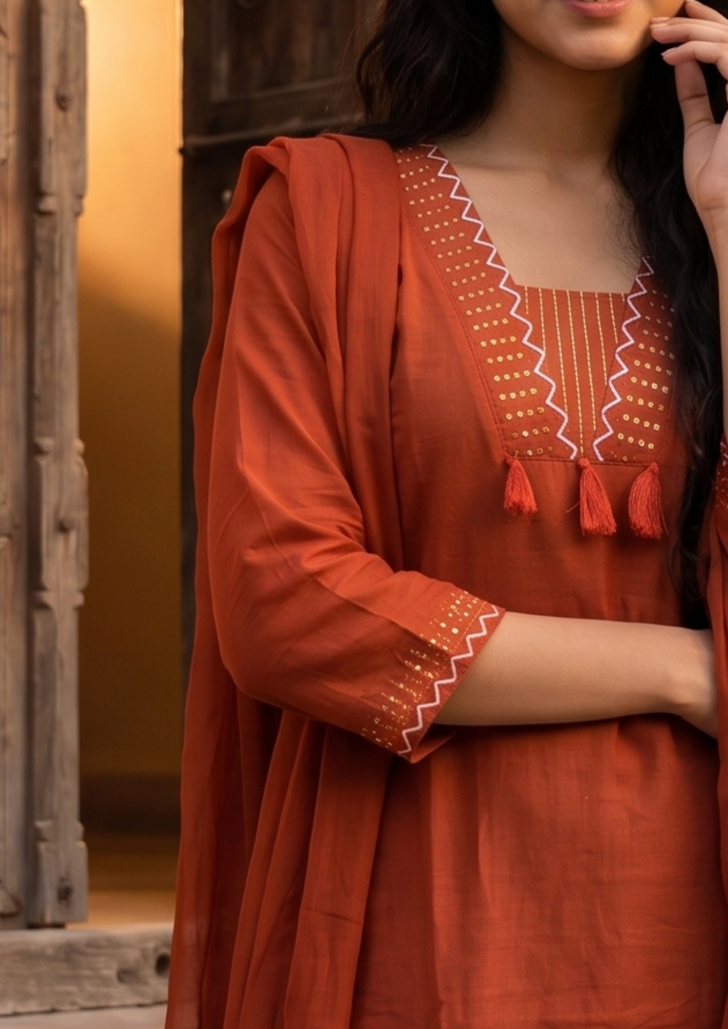 Orange Embroidered Cotton Kurta and Pant Set with Dupatta