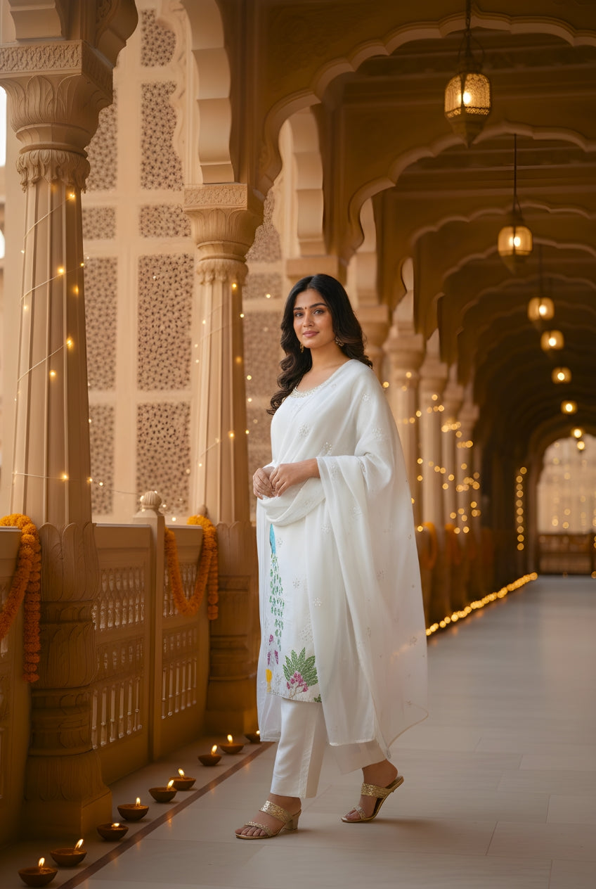 White Heavy Embroidered Glass Silk Suit Set with Dupatta