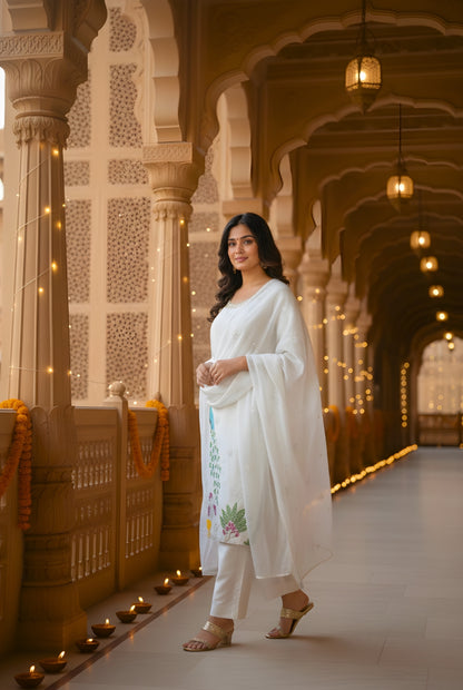 White Heavy Embroidered Glass Silk Suit Set with Dupatta