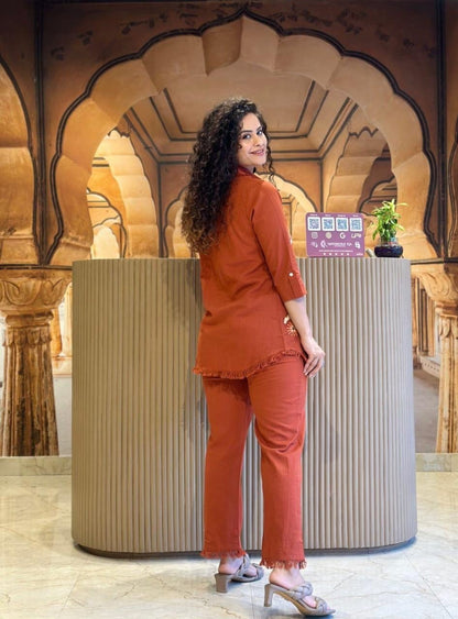 Brownish Red Embroidered Cotton Slub Co-Ord Set